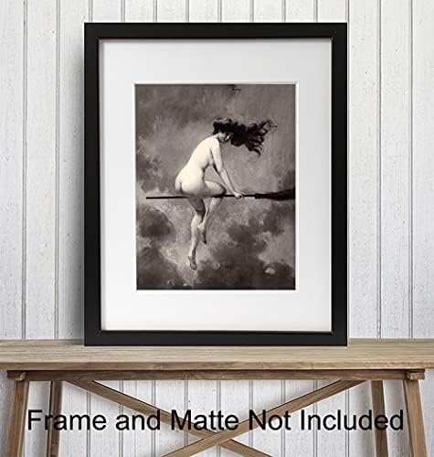 Witchy Pagan Wall Art & Decor - LARGE 11X14 - Vintage Creepy Spooky Gothic Gift for Witchcraft, Wicca, Wiccan, Occult Fan - Witch on Broomstick - Goth Poster Picture Print - Unframed