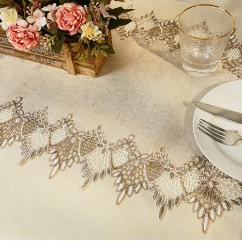 Phantomon Neutral Linen Table Runner 36 Inches Beige Embroidered Runner Lace Centerpiece for Dresser Tops, Dining Tables, Coffe Table and Home Decorations for Farmerhouse (Beige, 16 X 36 Inch)