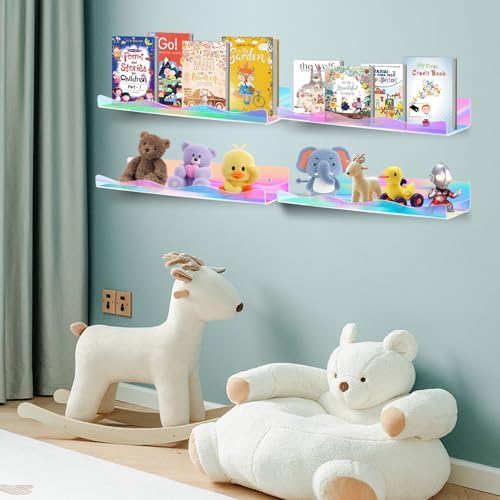 4 Pack Iridescent Acrylic Floating Shelves, 15.7" Clear Acrylic Display Shelves Bookshelf Wall Mounted, Bathroom Kids Room Home Storage Wall Decor Ledge Shelf for Skincare, Perfume, Nail Polish