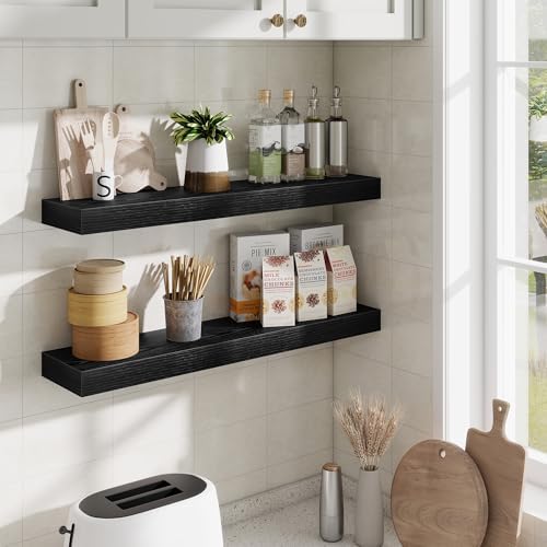Fun Memories Floating Shelves 30 Inch, Wall Mounted Wood Shelf Set of 2, Farmhouse Decor for Bathroom, Bedroom, Kitchen, Living Room, Black