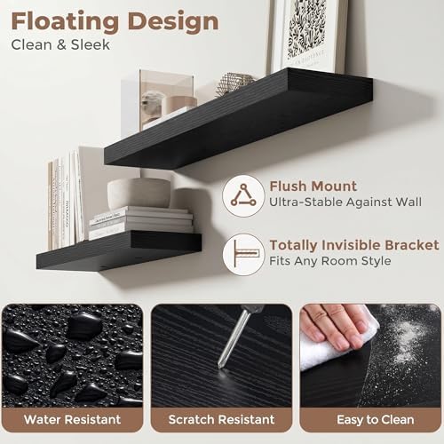 FLYJOE 40 Inch Floating Shelves for Wall Set of 2, 6.5" D Wood Grain Bathroom Shelves with Invisible Brackets, Easy Install Engineered Wood Storage Shelves for Kitchen, Living Room, Bedroom