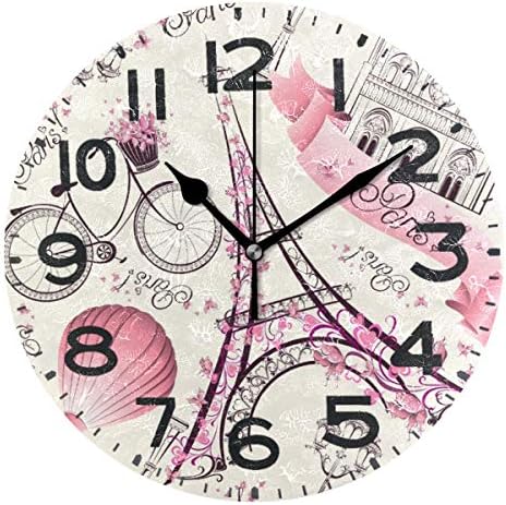 Naanle Romantic Paris Eiffel Tower with Flowers Butterfly Wall Clock, 9.5 Inch Battery Operated Quartz Analog Quiet Desk Clock, Floral
