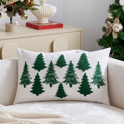 White Christmas Pillow Covers 12x20 Inch Embroidery Green Xmas Trees Decorative Lumbar Throw Pillow Cover Winter Holiday Pillow Case Cushion Cases for Sofa Couch Living Room Decorations