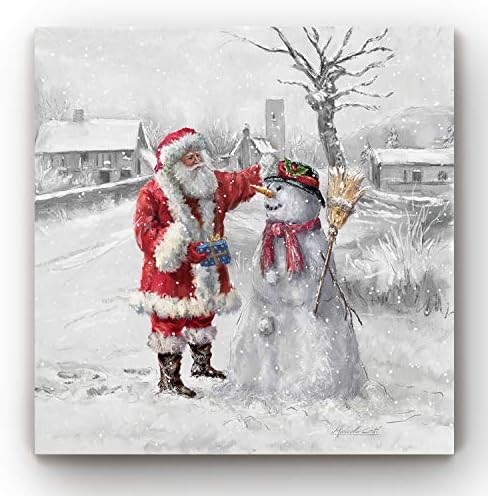 Renditions Gallery Xmas Canvas Paintings for Home Decorations Joyful Santa with Snowman in in Winter Snow Abstract Wall Art for Dining Living Room Kitchen Decor - 16"X16" LT05