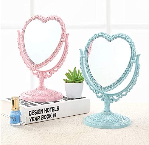 AKOAK Heart-Shaped Cosmetic Mirror - Plastic, Double-Sided, Rotatable, Lightweight Tabletop Mirror for Bathroom & Bedroom (Blue)