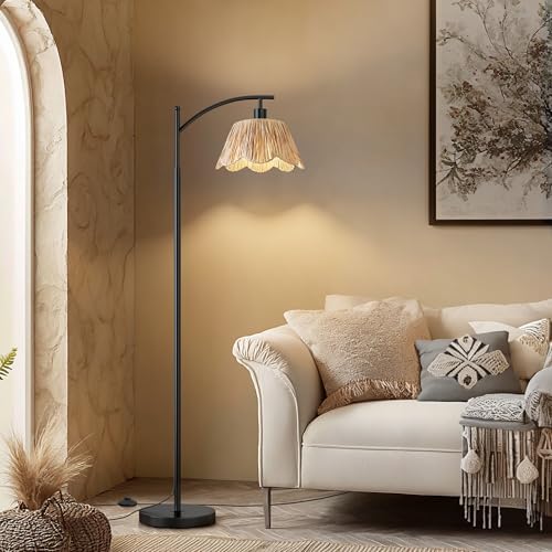 Oneach Boho Rattan Floor Lamp for Living Room, Farmhouse Standing Lamp with Hand-Woven Shade, Black Metal Base & Pole, Foot Switch - Corner Reading Lamp for Bedroom