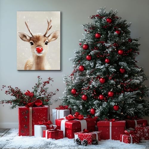 FLZYKGPA Funny Red Nose Deer Pictures Wall Decor Prints 8x12in, Cute Christmas Wall Art Decorations for Home Kitchen Bedroom Bathroom Living Room Office, Winter Cabin Canvas Decor