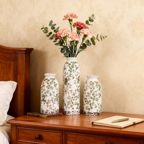 Green Ceramic Vase Set of 3 - Modern Rustic Farmhouse Style, Decorative Vases for Dining Table, Shelf, Bedroom, Living Room, Kitchen, Office, Bathroom, Mantle, Centerpiece Décor (Green)