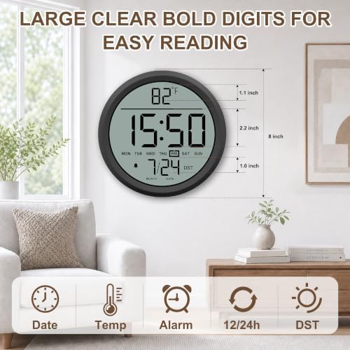 8" Round Digital Wall Clock Battery-Operated, Large Display Clock