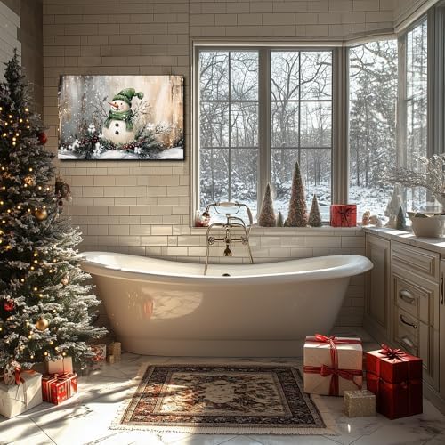 Vintage Christmas Snowman Canvas Art 16x24inch, Festive Wall Art with Snowmen in Winter Scene Paintings, Framed Winter Wonderland Decorations, Perfect for Christmas Room Decor