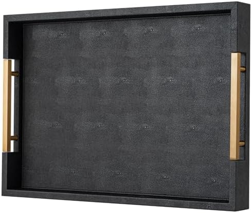 Black Faux Leather Large Square Tray with Handles – Decorative Serving for Coffee Table, Ottoman, Living Room & Bathroom