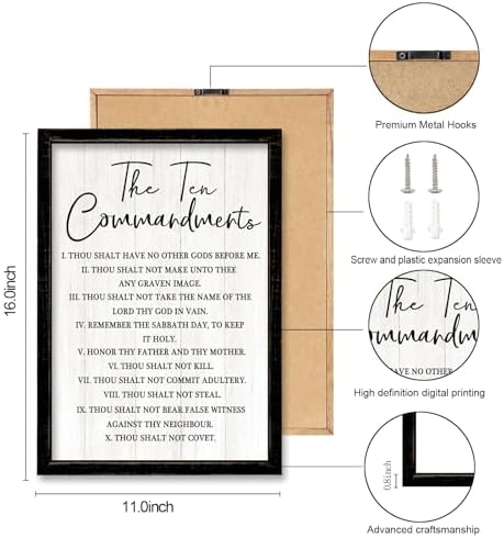 The Ten Commandments Rustic Bible Verse Framed Wall Art, 11''×16'' Narrow Holy Religious Christian Saying Sign for God Jesus Christ Prayer, Vintage Positive Inspirational Catholic Scripture Decor