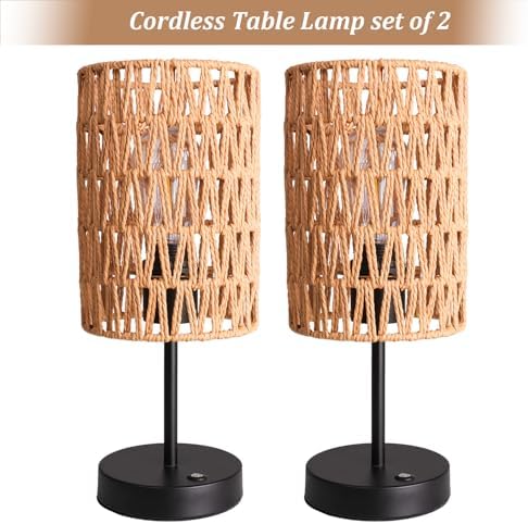 Rechargeable Outdoor Table Lamps, Rattan Boho Cordless Battery Operated Table Lamps, Patio Lamp for Living Room, Balcony, Bedside Decor- Set of 2 (Beige)