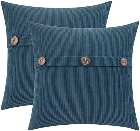 HWY 50 Blue Chenille Throw Pillow Covers 18x18 Inch Buttons Pack of 2