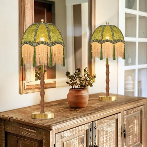 Industrial Table Lamps Set of 2 for Bedroom,Reto Boho Beside Lamp Dimmable Gold Bedroom Lamps Green Desk Tall Table Light Mid Century Modern Mini Nightstand Table Lamp for Bedroom Living Room