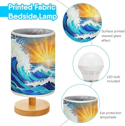 Sea and Ocean Waves Table Lamp LED 3-Color Pressed Bedside, Sea and Ocean Waves Shade Lamp with Wood Base for Bedroom Living Room Desk Office TL01