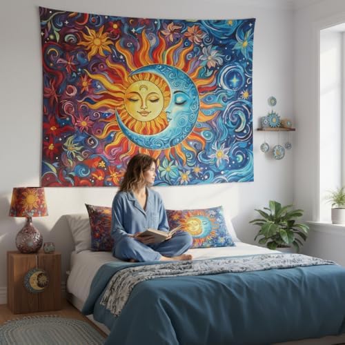 Accnicc Sun and Moon Tapestry Boho Hippie Orange Red Blue Floral Tapestry for Bedroom Aesthetic Abstract Plant Flowers Stars Small Tapestries Wall Hanging for Living Room Dorm 90 x 68 Inch