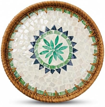 Boho Handwoven Rattan Tray with Mother of Pearl Inlay, 35cm Round Decorative Tray, Wooden Base Serving Tray for Breakfast, Vanity, Coffee Table & Wall Hanging Decor (Size:Big, Pattern:GreenSun)