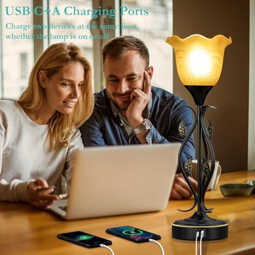 Amber Touch Torchiere Bedside Table Lamps Set of 2,With 2 USB Charging