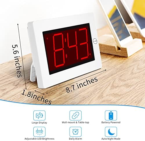 KWANWA Large Digital Alarm Clock, 3" LED Display Battery Operated, Dimmable Auto Night Mode, Easy to Read for Seniors Visually Impaired, Cordless Wall Clock or Table Clock for Bedroom Kitchen Office