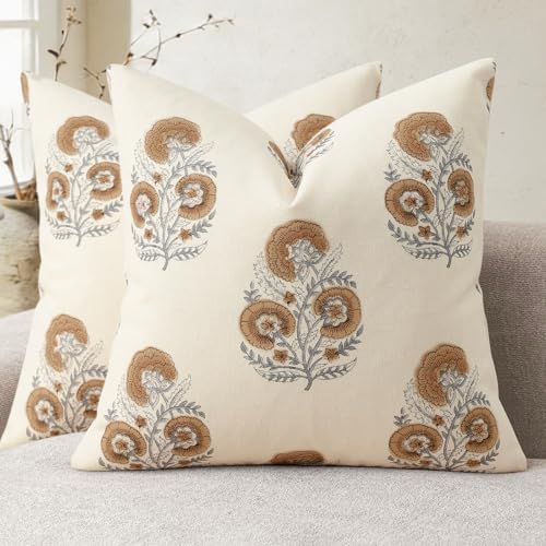Vintage Floral Print Fall Pillow Covers 22x22 Set of 2 Patterned Accent Decorative Cushion Covers Modern Farmhouse Throw Pillow Covers for Sofa Couch Chair Bed Living Room Home Decor, Cognac Brown