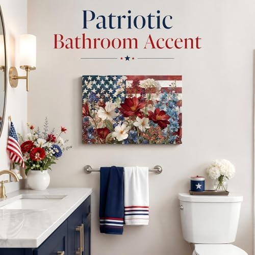 Patriotic Floral American Flag Framed Canvas Wall Art, 4th of July Wildflower Pictures, Independence Day Canvas Prints for Living Room, Bedroom, Kitchen, Farmhouse, Home Wall Decor