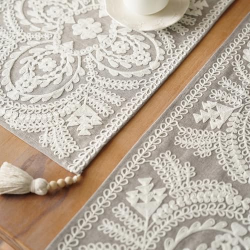 Long Table Runner Embroidered Rustic Dresser Runner, Gray 14"x94"