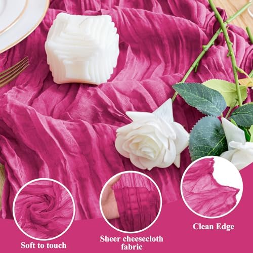 Wokceer Cheesecloth Table Runner Fushia 10FT Boho Gauze Runner, 3 Pack