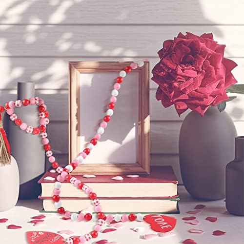 2 Pieces Valentines Day Wood Bead Garland with Tassels,Rustic Wooden Beads Garland Hanging Wooden Love Heart Ornaments Tiered Tray Decorations Wall Hanging Decor