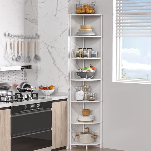 7 Tier Corner Shelf Stand, 64.7", Marble White