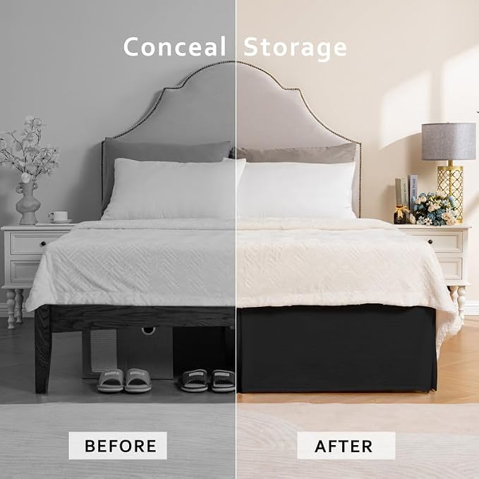 MIYE Pleated Waffle Weave Bed Skirt, Tailored Dust Ruffle 16 Inch Drop Easy Fit, Machine Washable (Black, Twin - 16" Drop)