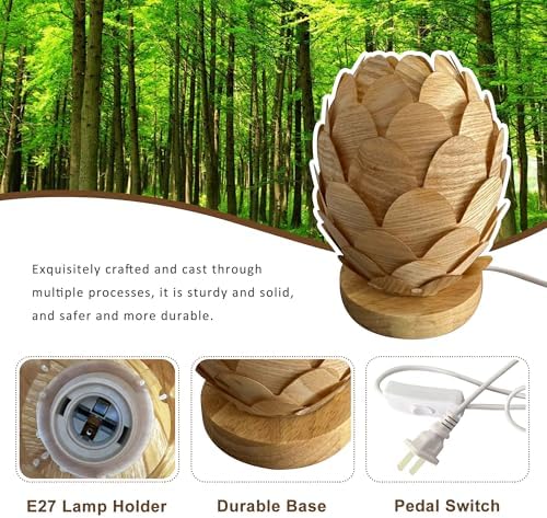 Boho Wooden Flower Table Lamp with Handmade Natural Base, Small Vintage Woven Rattan Wicker Nightstand Cute Desk Lamp, Bedside Bamboo End Table Lights for Bedroom, Living Room, Kitchen Island