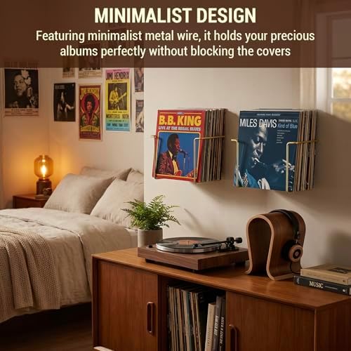 MyGift Brass Metal Wall Mounted Vinyl Record Storage Racks, Set of 2