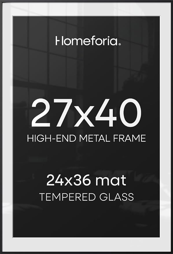 Homeforia 27x40 Black Poster Frame, High-End Metal, 24x36 Mat, Glass