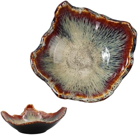 8" Ceramic Decorative Bowl，Irregular Rim Reactive Glaze Key Bowl For Entryway Table，Handcrafted Purse Catch All Bowls，Japanese Style Fruit Bowls For Tabletop or Home Decor