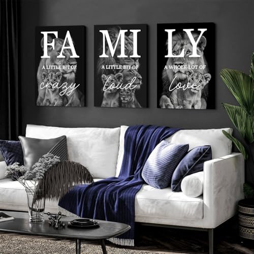 Family Wall Art Black and White Lion Pictures Wall Decor Inspirational Canvas Prints Family Sign Pictures Lioness Cub Painting Poster Modern Artwork for Bedroom Living Room Decoration 16x24" 3Pcs
