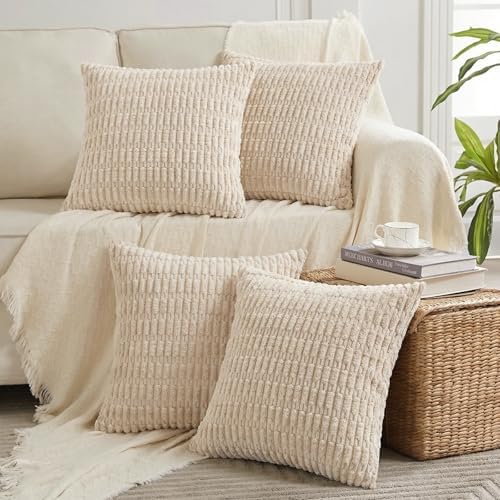 Fancy Homi 4 Packs Decorative Throw Pillow Covers for Living Room Couch Bed, Modern Farmhouse Boho Home Décor Accent Cushion Case, 24" x 24", Tan