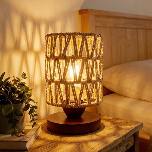 Boho Rattan Lamp for Bedroom,Wicker Wooden LED Bedside Lamp for Nightstands