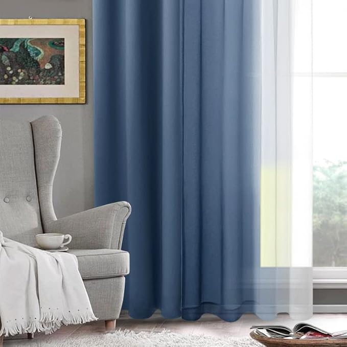 DWCN Blue Ombre Faux Linen Sheer Curtains - Extra Long Gradient Semi Voile Grommet Top Bedroom and Living Room Curtains, 52 x 102 Inches Long, Set of 2 Window Curtain Panels, Denim Blue