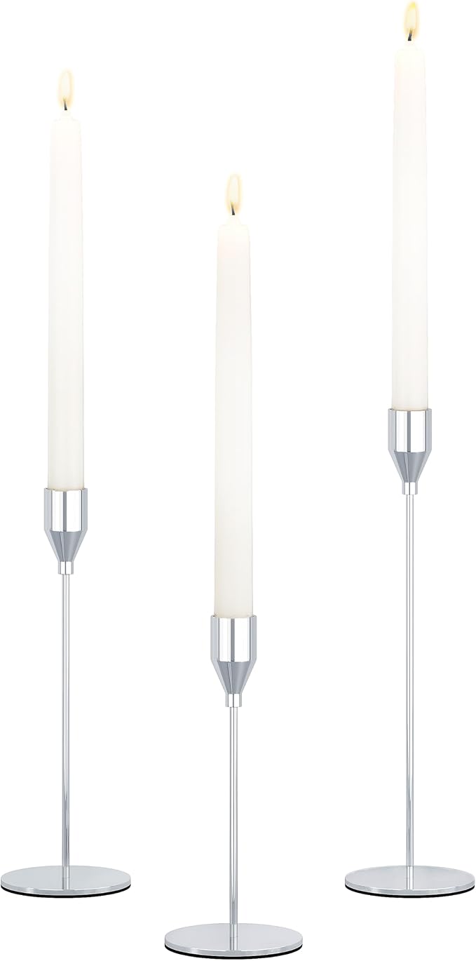 NLBTW Silver Candlestick Holders, Set of 3 Tall Metal Taper Candle Holder