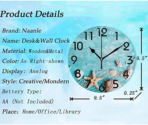 Naanle 3D Summer Seashells Starfish on Fishing Net Fresh Print Silent Round Wall Clock Decorative, 9.5 Inch Battery Operated Quartz Analog Quiet Desk Clock for Home,Office,School(Turquoise)