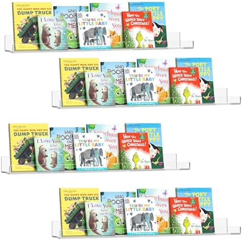HBlife 24 Inches Invisible Wall Floating Bookshelf for Kids and Nursery, 16 Inch Stud Spacing Clear Acrylic Shelves for Figures, 4 Pack (5MM Thick)