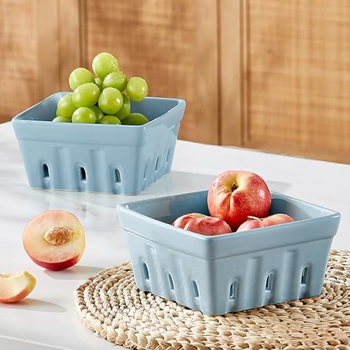 ONEMORE Berry Basket Ceramic Berry Bowls with Holes Square Fruit Bowl Berry Colander Containers for Fridge - 5.8" Fruit Basket for Kitchen Décor, Set of 2, Blue