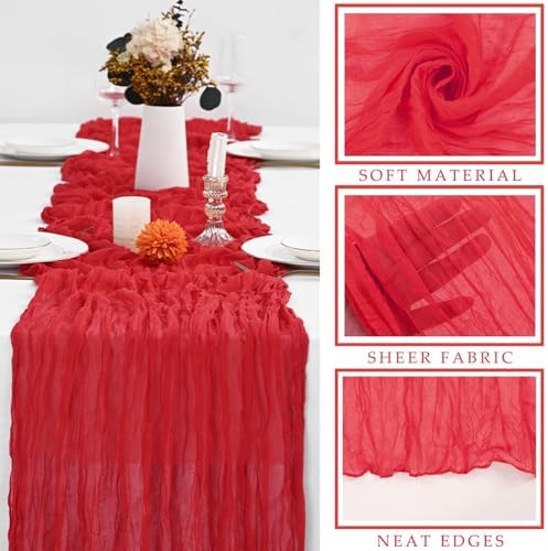 Red 6 Pieces 35 x 120 Inches Long Cheesecloth Table Runner Gauze Fabric 10Ft Boho Table Runner Rustic Sheer Runner for Wedding Baby Bridal Shower Birthday Holiday Party Table Arbor Decor (Red)