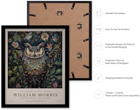Poster Master William Morris Poster - Owl Print - Bird Art - Botanical Art - Flower Design - Exhibition Artwork - Animal Illustration - Floral Illustration - Aesthetic Design - Office or Bedroom Decor - 11x14 Black Framed