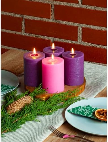 CANDWAX 3x4 Inch Advent Pillar Candles Set of 4 - Long Burning Dripless Unscented Pillar Candles - Rustic Style for Advent Wreaths, Christmas Décor - 3 Purple and 1 Pink Pillars