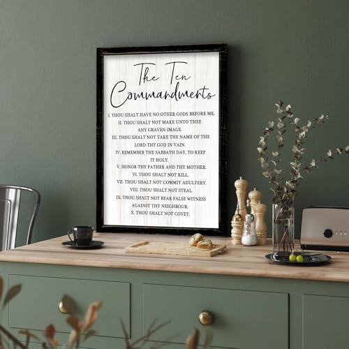 The Ten Commandments Rustic Bible Verse Framed Wall Art, 11''×16'' Narrow Holy Religious Christian Saying Sign for God Jesus Christ Prayer, Vintage Positive Inspirational Catholic Scripture Decor