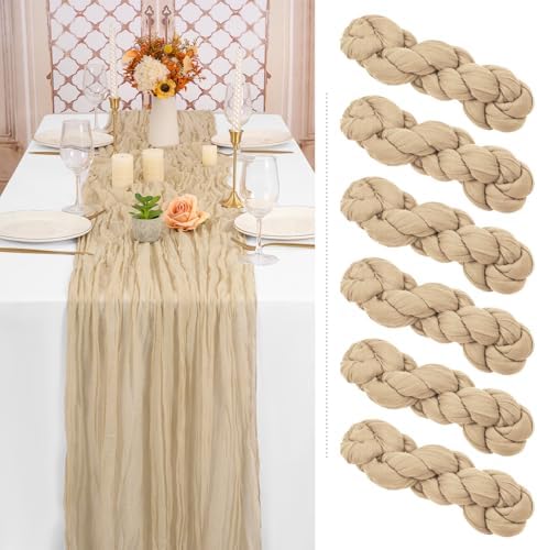6 Pack Beige Cheesecloth Table Runner, Extra Wide 35x120 Inch