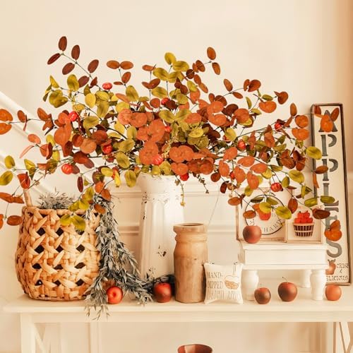 Uieke 8PCS Artificial Fall Eucalyptus Stems, 28inch Fall Eucalyptus Leaves Branches with Orange Pumpkins Long Stems Fall Decorations for Home Autumn Florals Arrangement Thanksgiving Decor