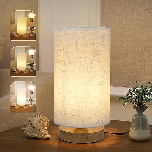 Minimalist Dimmable Nightstand Lamp with Round Fabric Linen Shade, 3 Color Temperatures, Desk & Bedside Lamp for Study, Living Room, Bedroom, Office, Dorm